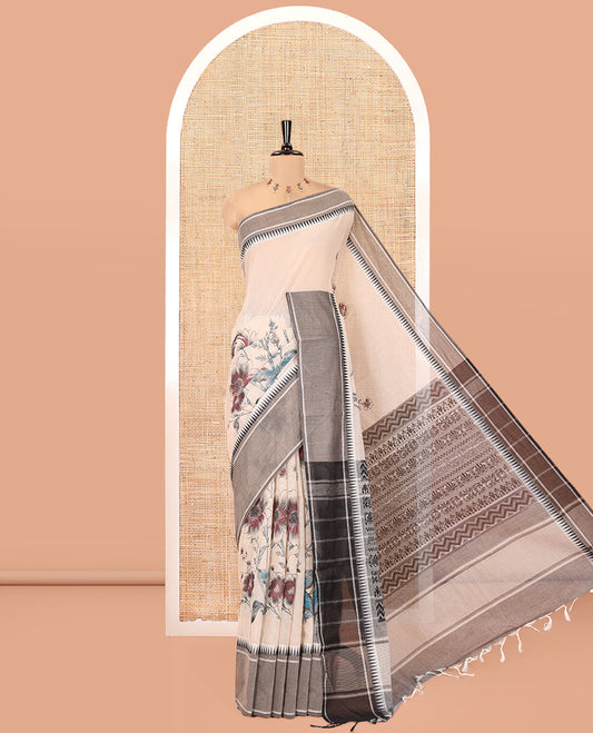 Cream-Grey Andhra Cotton Saree, Artfully Printed with a Floral Print, a Contrast Temple Border, Pallu of Floral Print, and Contrast Blouse