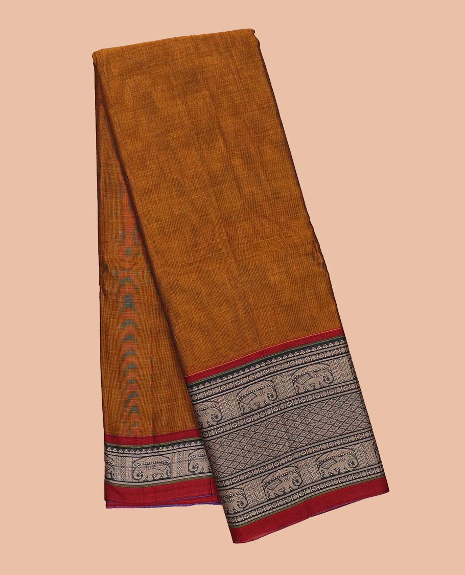 Brown plain design Narayanapet cotton saree, contrast traditional design border & striped pallu