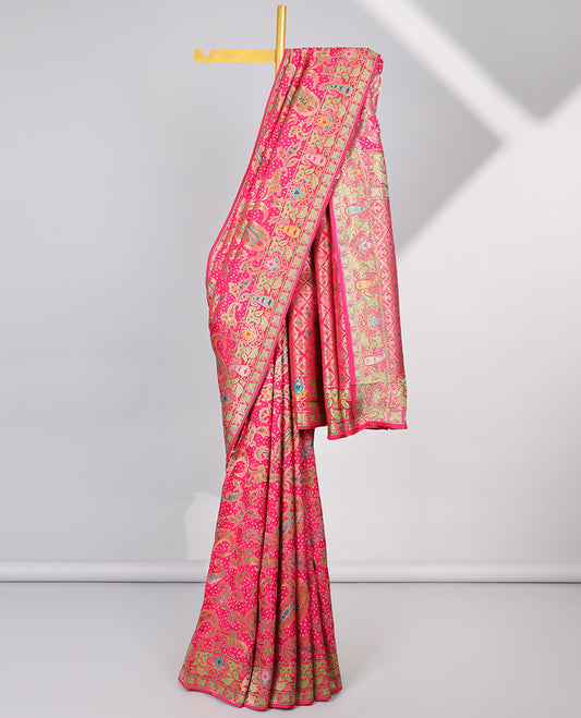 Pink paisley motifs semi-banaras dola silksaree with self paisley motifs border & pallu of argyle pattern