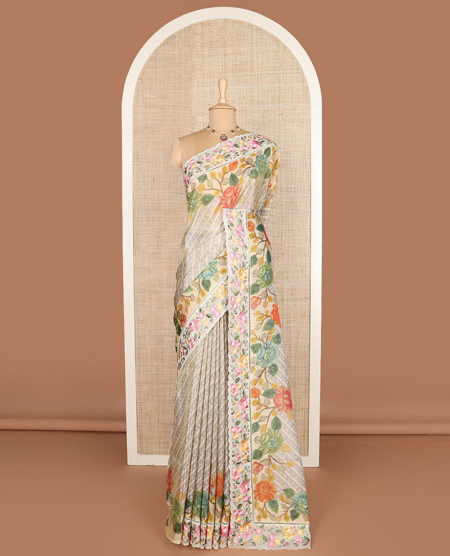 Grey buttas with bandhani and floral printed dola silk saree, contrast floral embroidered scallop border