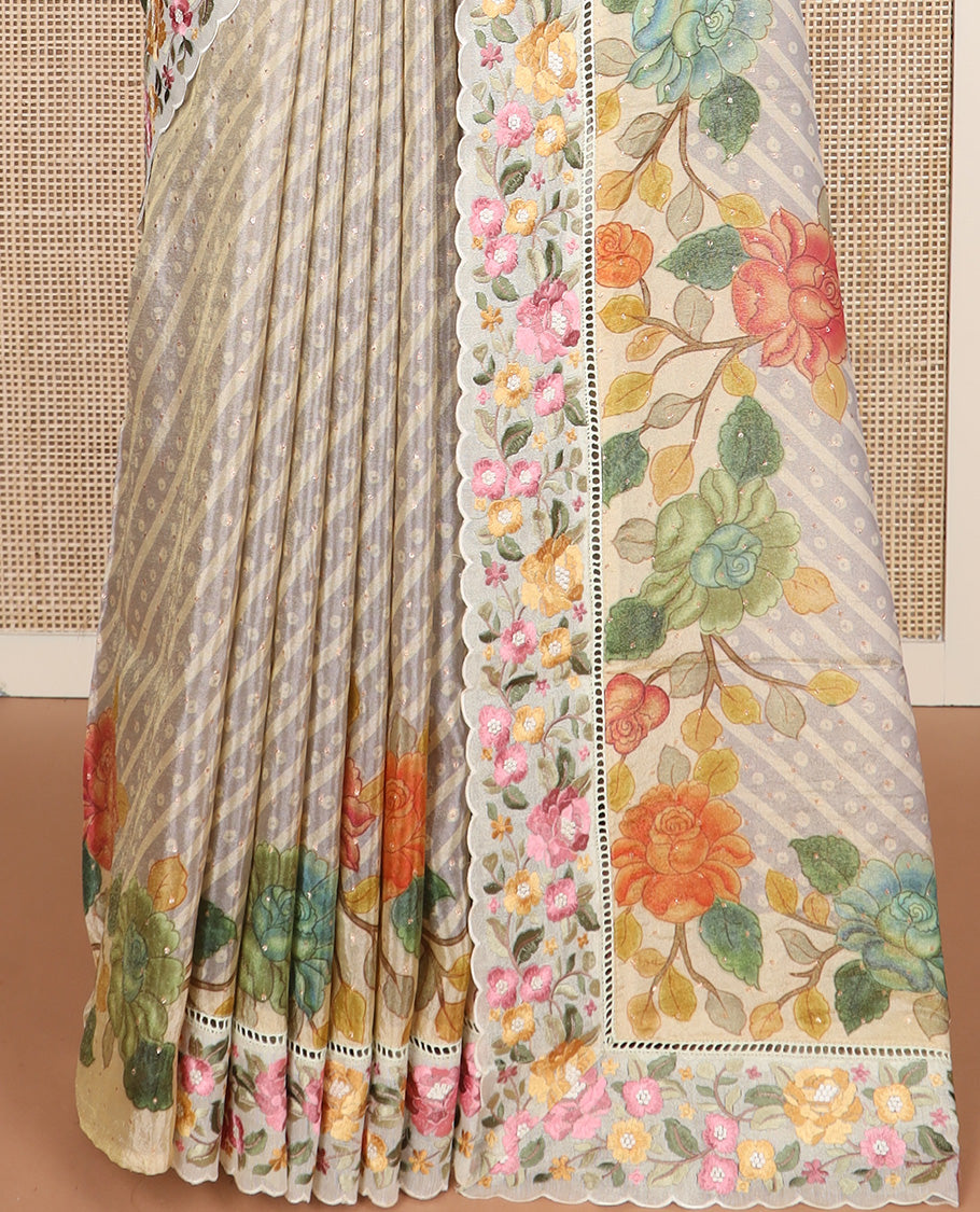 Grey buttas with bandhani and floral printed dola silk saree, contrast floral embroidered scallop border
