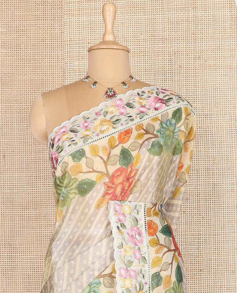 Grey buttas with bandhani and floral printed dola silk saree, contrast floral embroidered scallop border