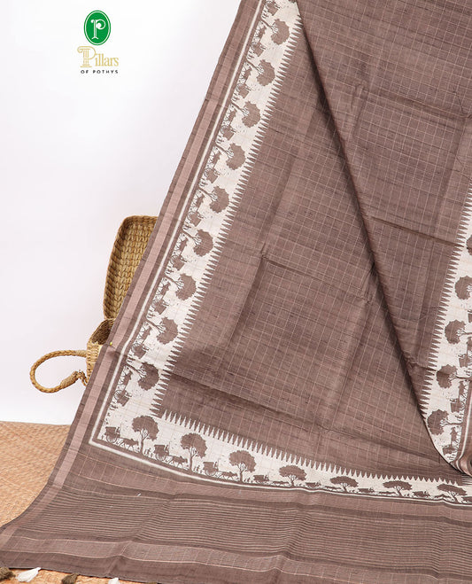 Brown checked semi-banaras tussar saree with self - bullock cart border & checked pallu