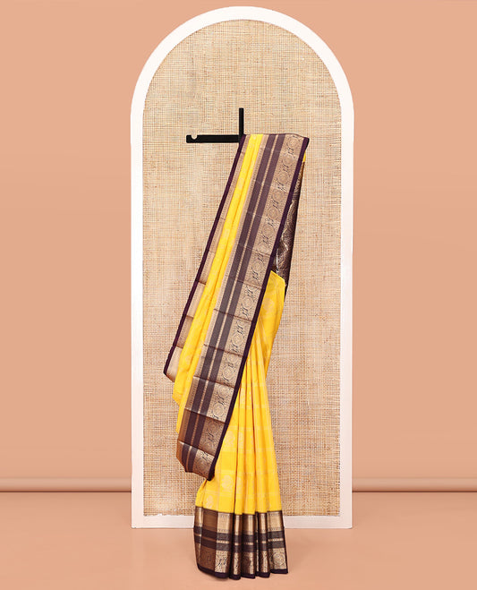 Lemon Yellow-Coffee Brown Budget Silk Saree, Subtly Sparkled With Zari Butta Enclosed Checks On Its Body, Complemented by Contrast Traditional Zari Designs Woven Border of Chakram Design, Jaal Pallu and Paired with a Contrast Blouse