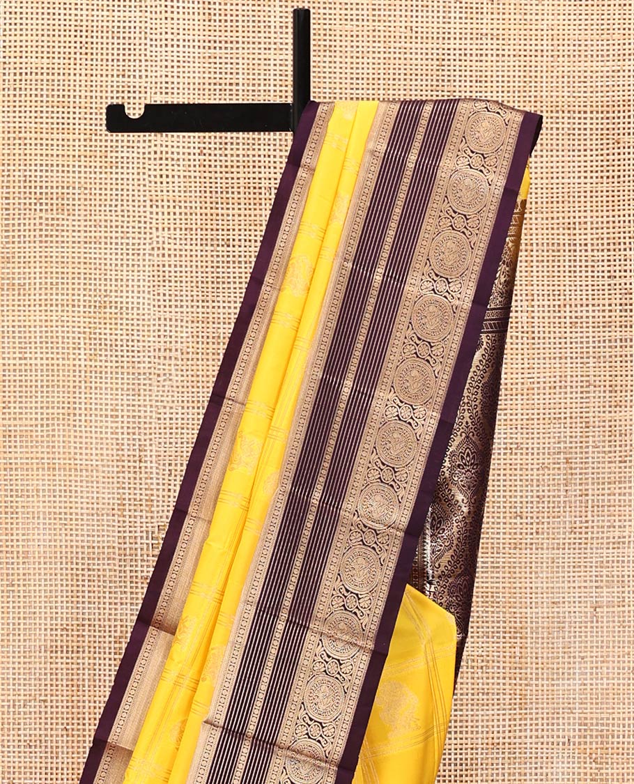 Lemon Yellow-Coffee Brown Budget Silk Saree, Subtly Sparkled With Zari Butta Enclosed Checks On Its Body, Complemented by Contrast Traditional Zari Designs Woven Border of Chakram Design, Jaal Pallu and Paired with a Contrast Blouse