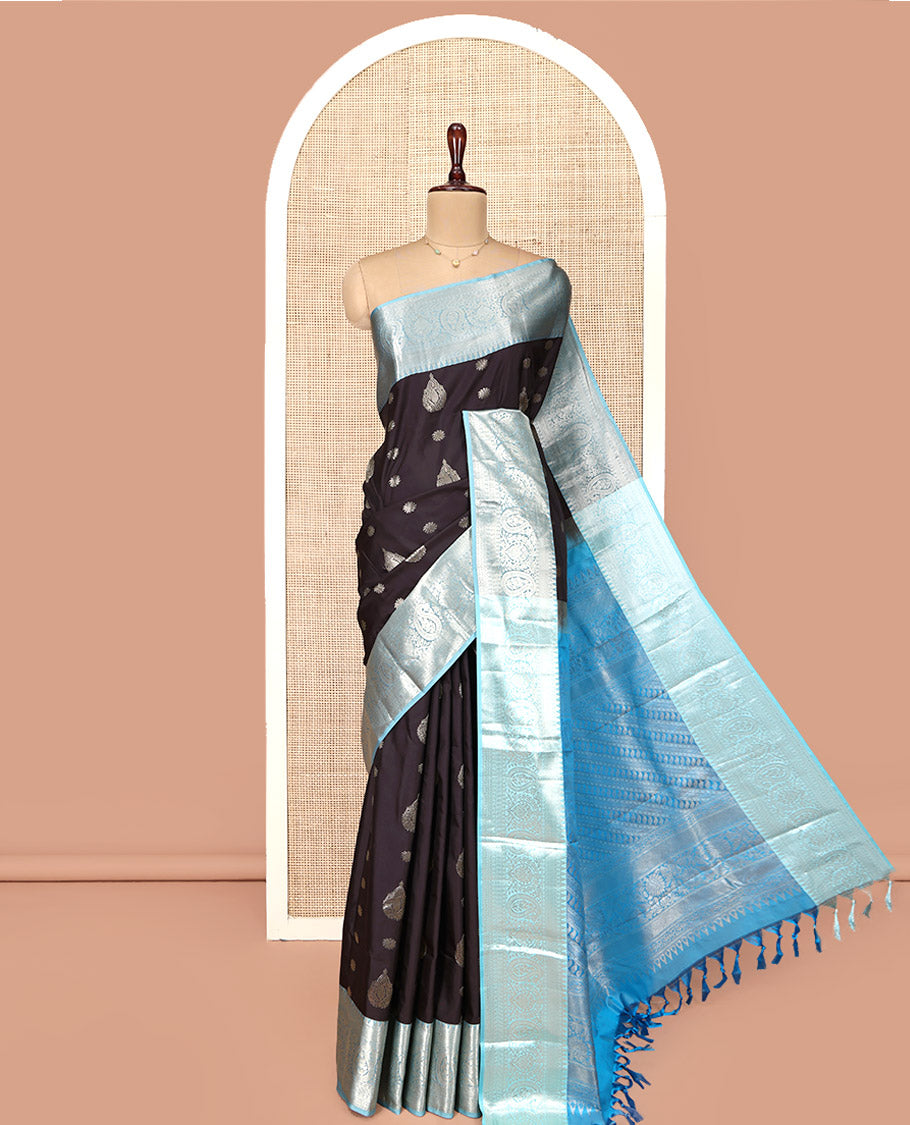 Black and Light Blue Budget Silk Saree, Ornamented with Zari Buttas on Its Body, Complemented by a Contrast Traditional Zari Design Border of Paisleys, Pallu Steeped with Paisley Designs, and Paired with a Contrast Blouse