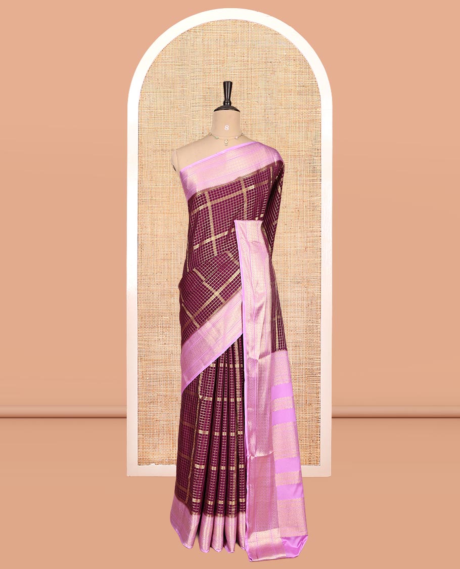 Dark Purple Checked Mysore Silk Saree, Contrast Zari Border, Grand Pallu, Contrast Blouse