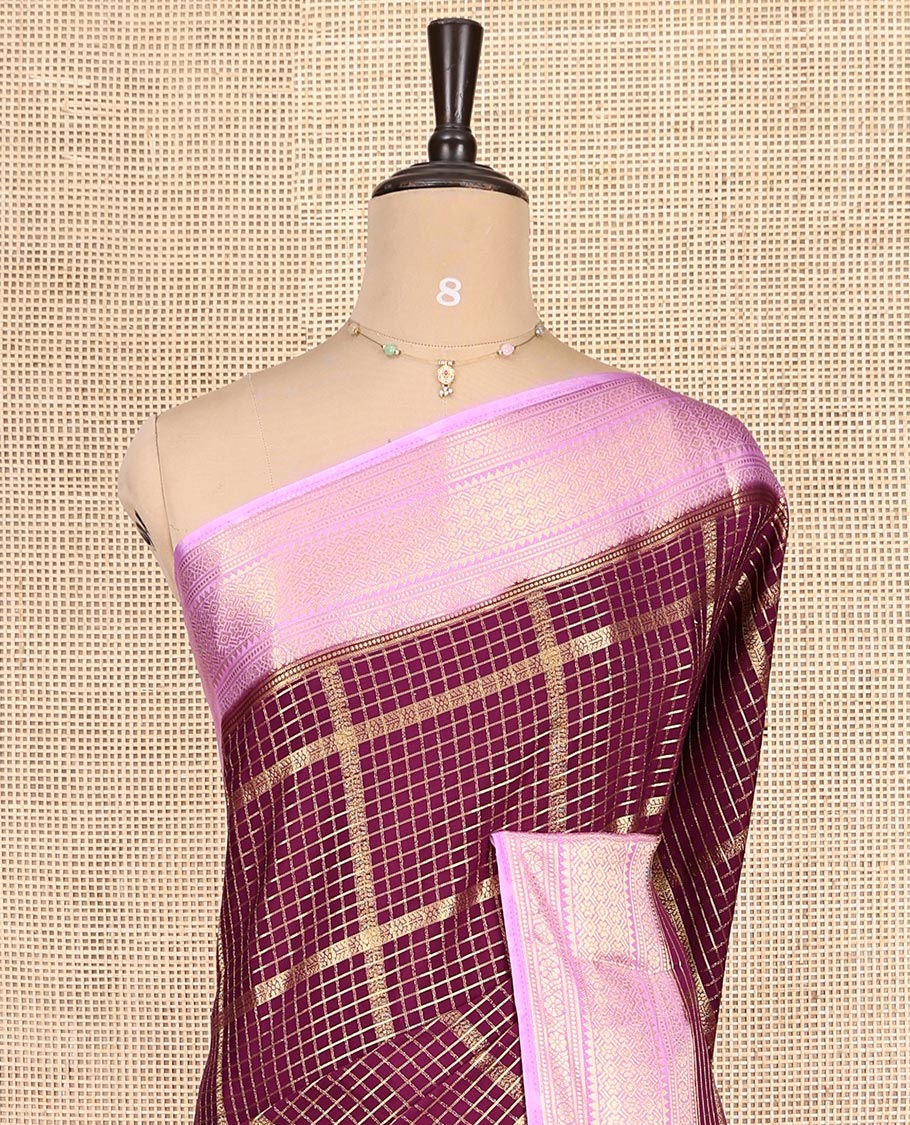 Dark Purple Checked Mysore Silk Saree, Contrast Zari Border, Grand Pallu, Contrast Blouse