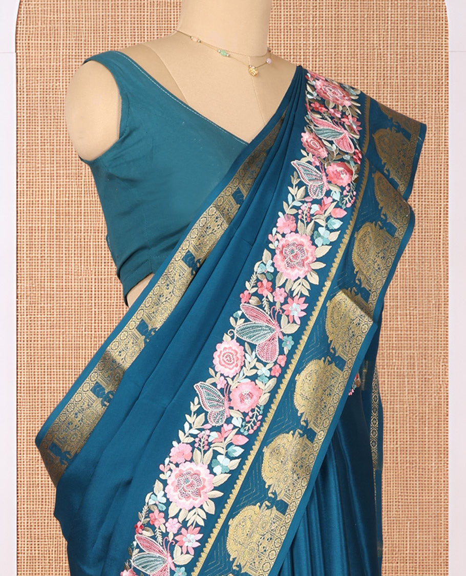 Peacock Blue Plain Mysore Silk Saree