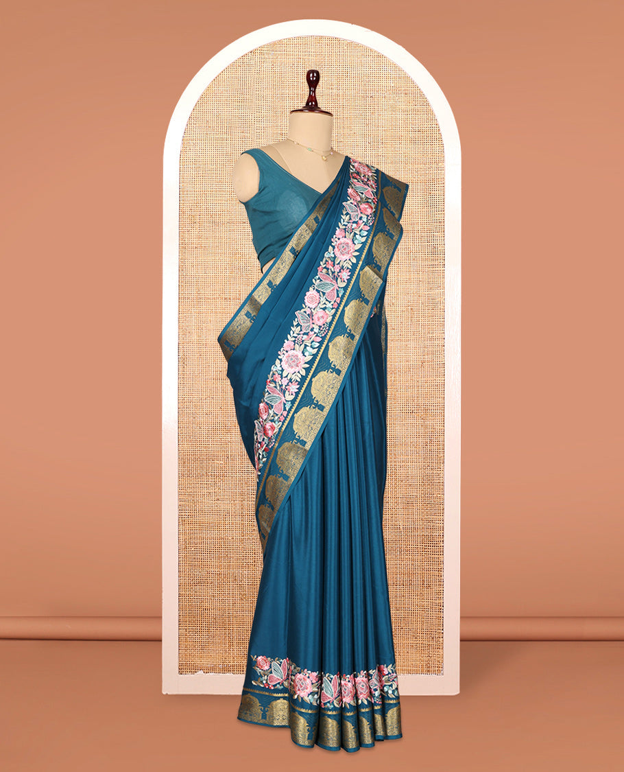 Peacock Blue Plain Mysore Silk Saree