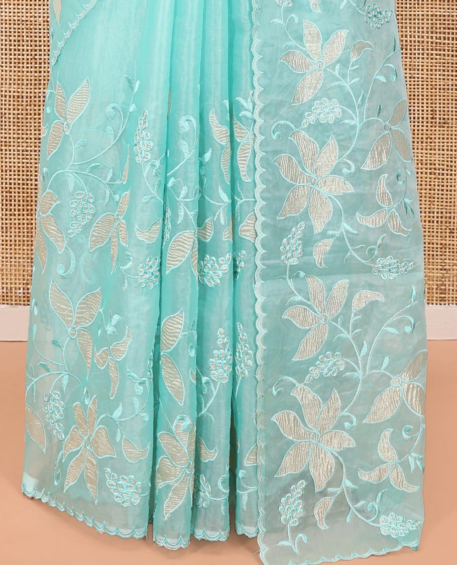Sea Green Organza Saree, Finely Crafted with Floral Jaal Applique Embroidery All Over Its Body, Scallop Lace Border, Floral Embroidered Pallu, and Paired With a Embroidered Blouse