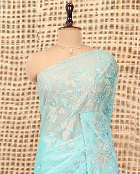Sea Green Organza Saree, Finely Crafted with Floral Jaal Applique Embroidery All Over Its Body, Scallop Lace Border, Floral Embroidered Pallu, and Paired With a Embroidered Blouse