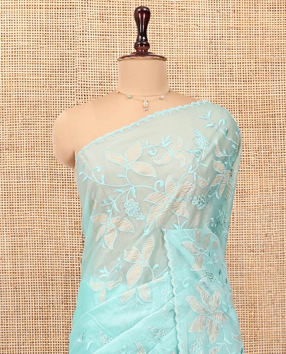 Sea Green Organza Saree, Finely Crafted with Floral Jaal Applique Embroidery All Over Its Body, Scallop Lace Border, Floral Embroidered Pallu, and Paired With a Embroidered Blouse