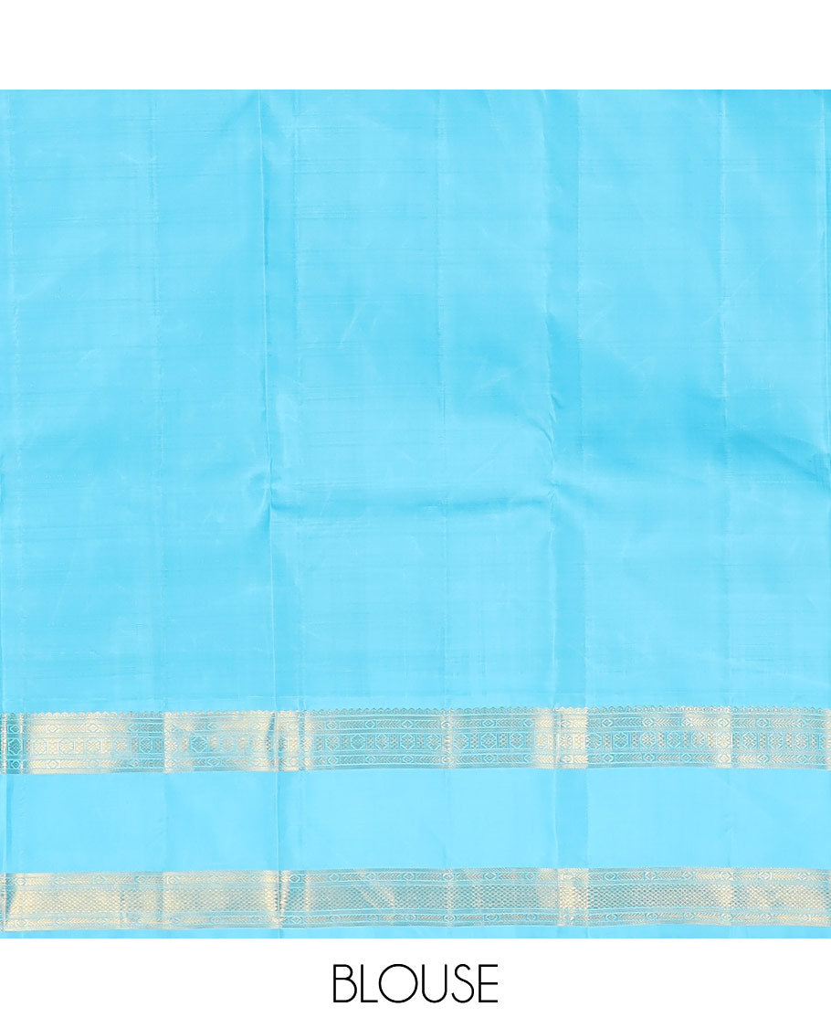 Blue zari striped Kanchipuram silksaree, contrast rettai pettu border of traditional zari designs, and zari-rich jaal pallu