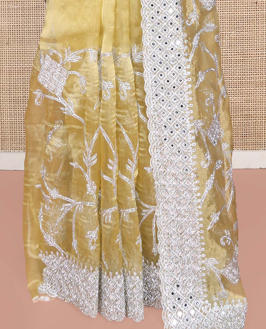 Pale Yellow Designer Saree, Richly Detailed with Floral-Jaal Style Mixed Embroidery on Its Body, Highlighted by Jaal-Patterned Scallop Embroidered Border, Self-Design Pallu, and Paired with a Heavy Embroidered Matching Blouse