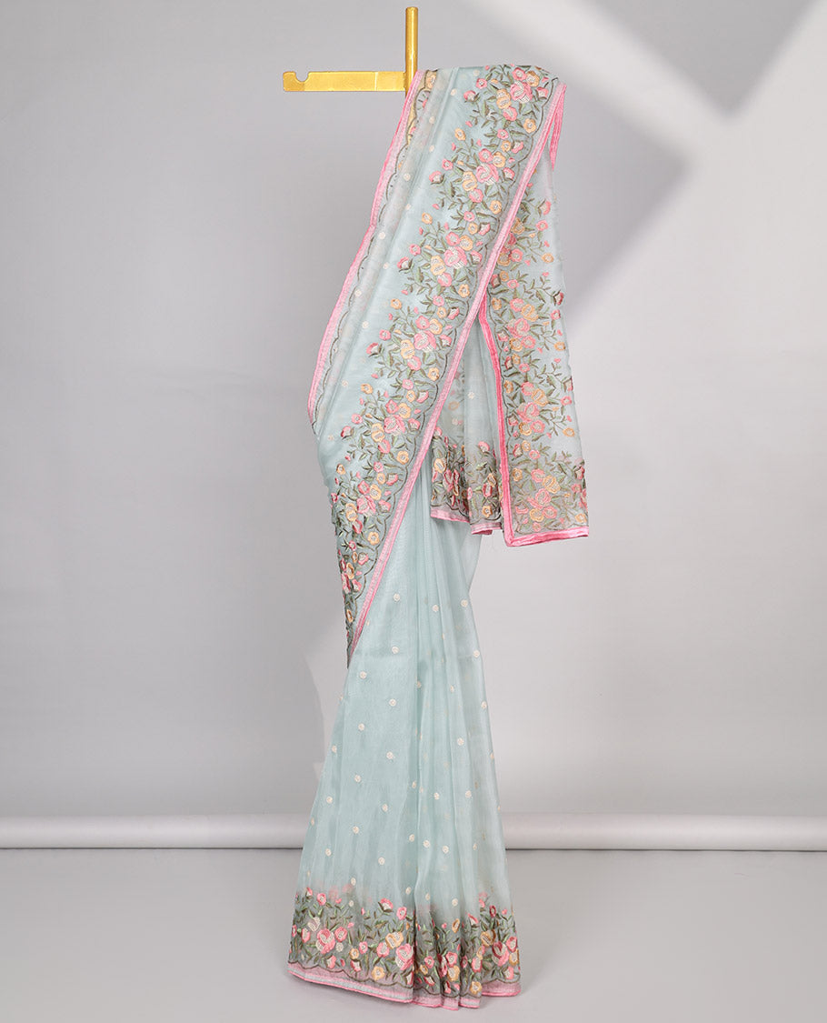 Light Blue motifs embroidery net designer saree with self floral border & floral embroidery pallu 