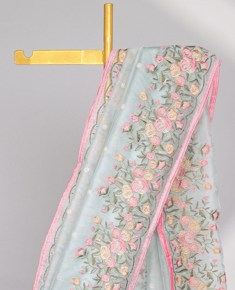 Light Blue motifs embroidery net designer saree with self floral border & floral embroidery pallu 