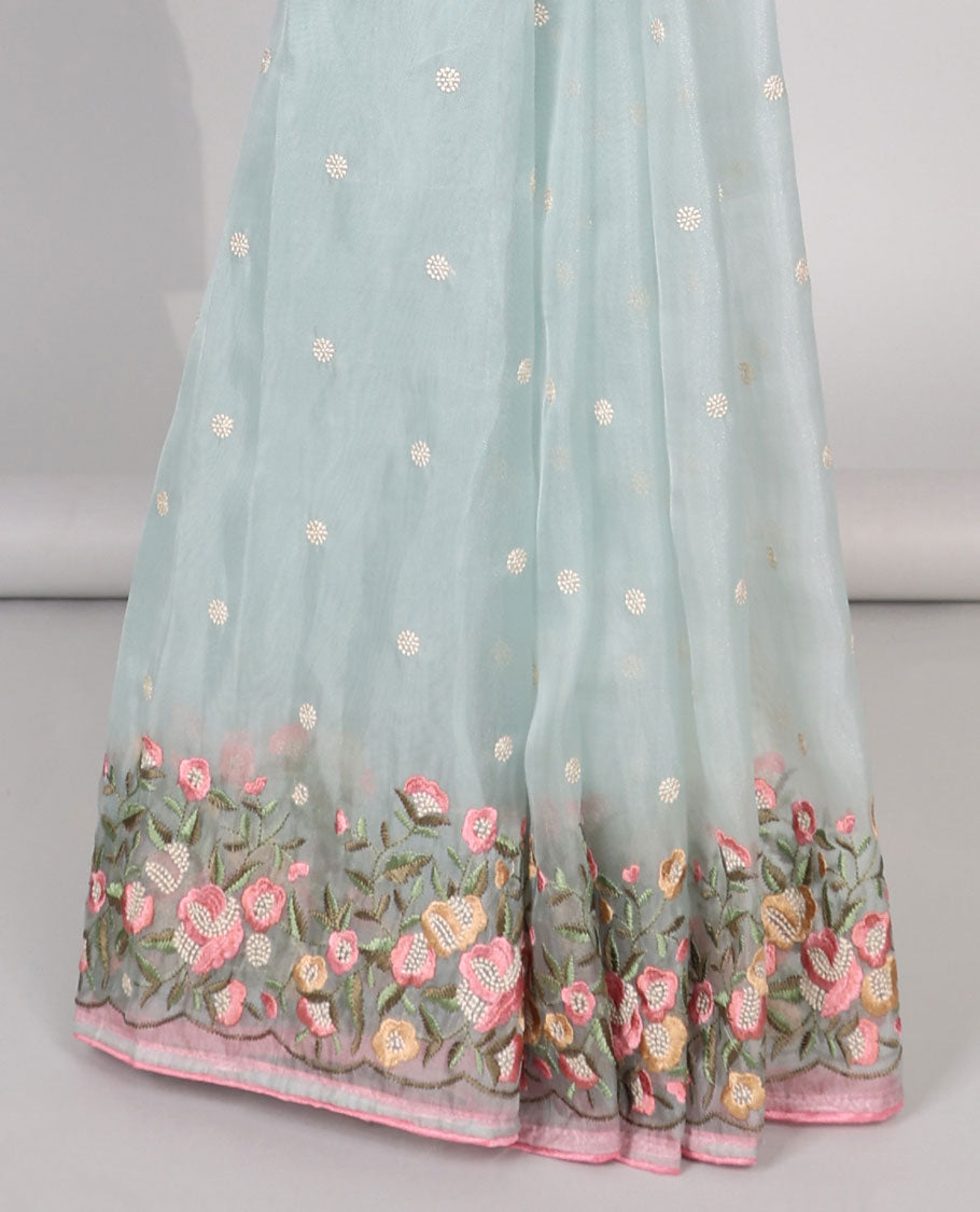 Light Blue motifs embroidery net designer saree with self floral border & floral embroidery pallu 