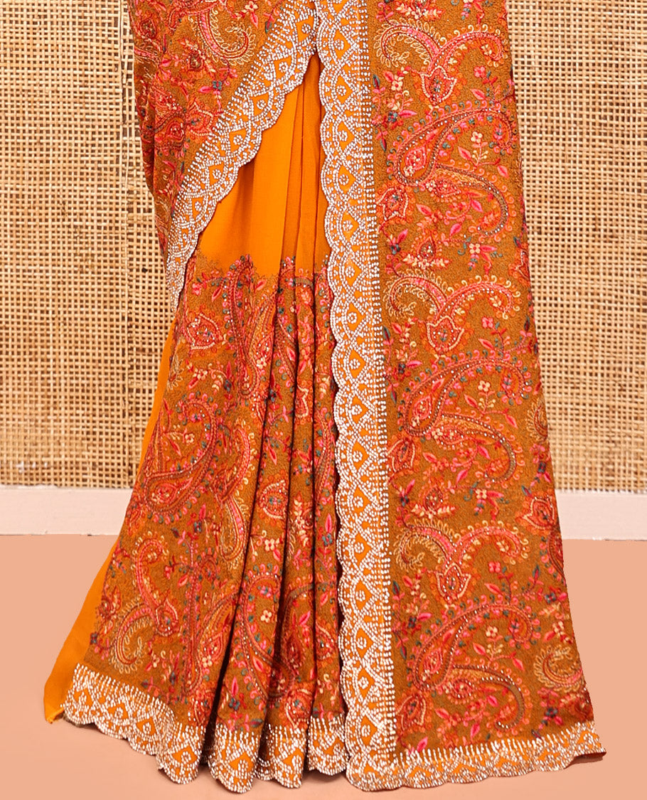 Orange Designer Saree, Richly Detailed with Paisley Mixed Embroidery, a Scallop Stone Work Border, and a Matching Blouse
