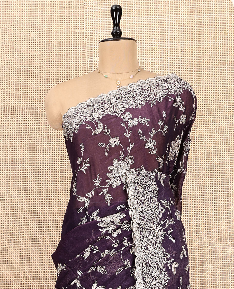 Purple Designer Saree, Finely Crafted with Floral Vine Embroidery, Scallop-Embroidered Border, and Matching Embroidered Blouse
