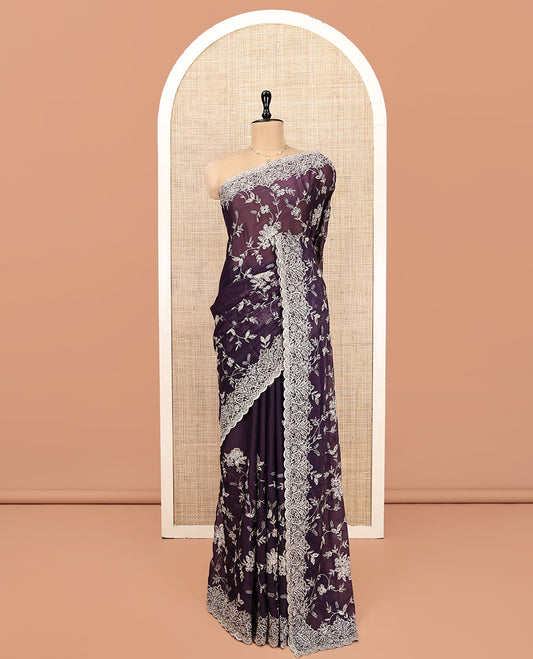 Purple Designer Saree, Finely Crafted with Floral Vine Embroidery, Scallop-Embroidered Border, and Matching Embroidered Blouse