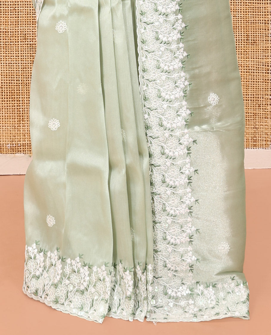 Green Organza Saree, Delicately Woven with Thread Buttas, Scallop Floral Embroidery Border, and Matching Blouse