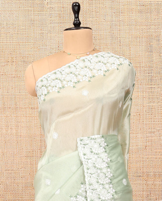 Green Organza Saree, Delicately Woven with Thread Buttas, Scallop Floral Embroidery Border, and Matching Blouse