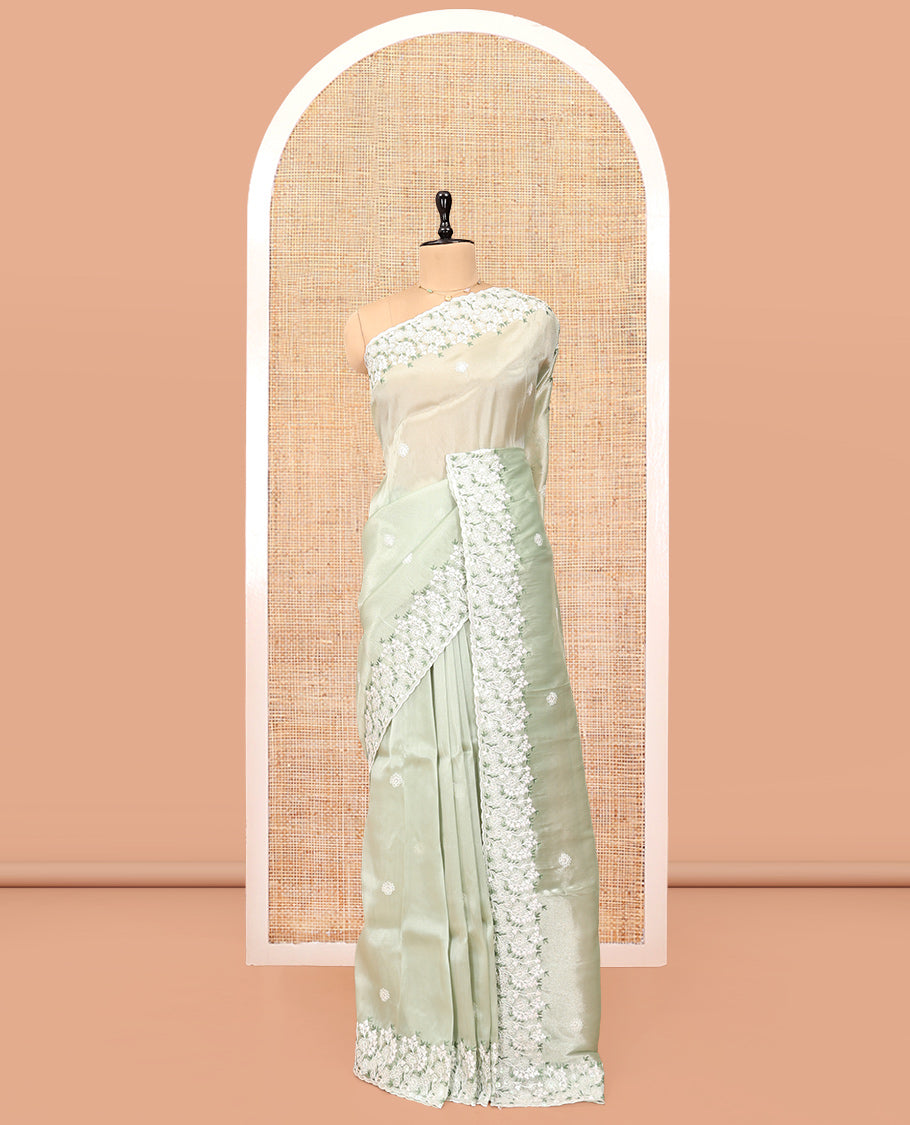Green Organza Saree, Delicately Woven with Thread Buttas, Scallop Floral Embroidery Border, and Matching Blouse