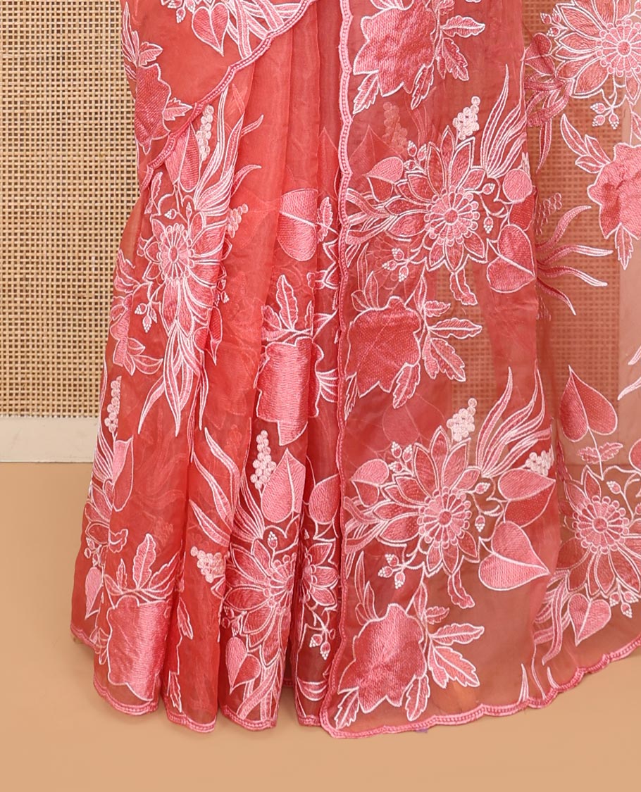 Pink Organza Saree, Finely Crafted with Tropical Floral Embroidery Design, a Scallop Embroidered Border, and a Matching Blouse
