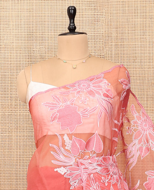 Pink Organza Saree, Finely Crafted with Tropical Floral Embroidery Design, a Scallop Embroidered Border, and a Matching Blouse