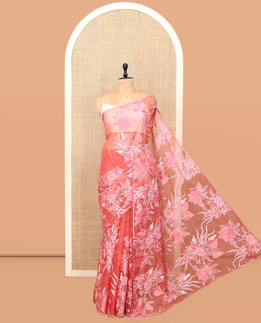 Pink Organza Saree, Finely Crafted with Tropical Floral Embroidery Design, a Scallop Embroidered Border, and a Matching Blouse