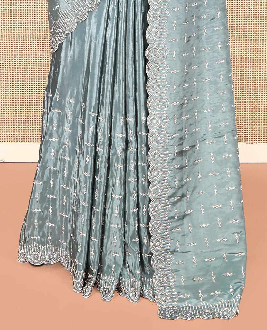 Green Designer Saree, Beautifully Bedecked with Stonework, a Scallop Stonework Border, and a Matching Blouse