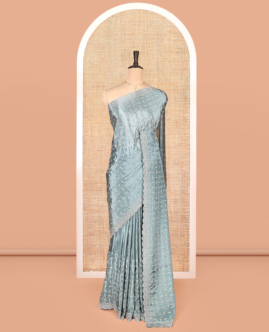 Green Designer Saree, Beautifully Bedecked with Stonework, a Scallop Stonework Border, and a Matching Blouse