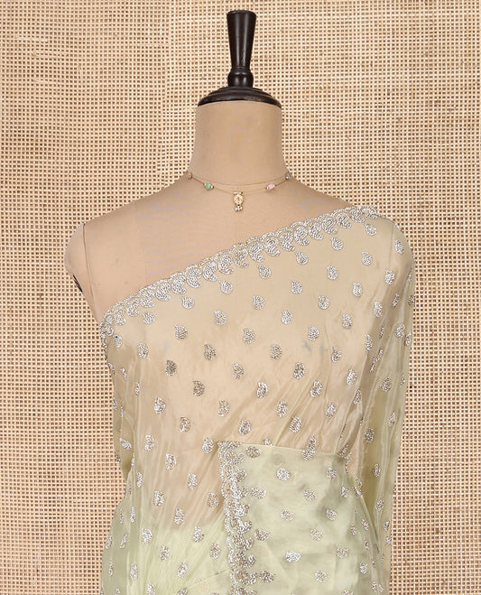 Pale Green Designer Saree, Prettified with Paisley Stone Work, Scallop Stone Work Border, a Self-Pallu, and a Matching Blouse