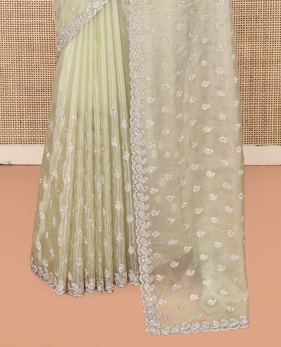 Pale Green Designer Saree, Prettified with Paisley Stone Work, Scallop Stone Work Border, a Self-Pallu, and a Matching Blouse