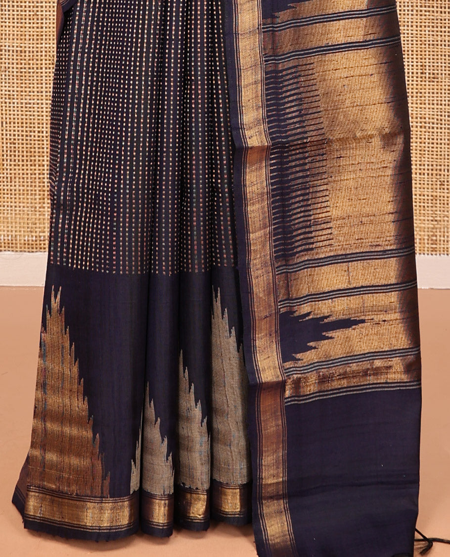 Navy Blue Dupion Silk Saree, Steeped with Dotted Stripes, a Zari Temple Border, Gleaming Striped Pallu, and a Matching Blouse
