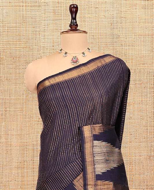 Navy Blue Dupion Silk Saree, Steeped with Dotted Stripes, a Zari Temple Border, Gleaming Striped Pallu, and a Matching Blouse