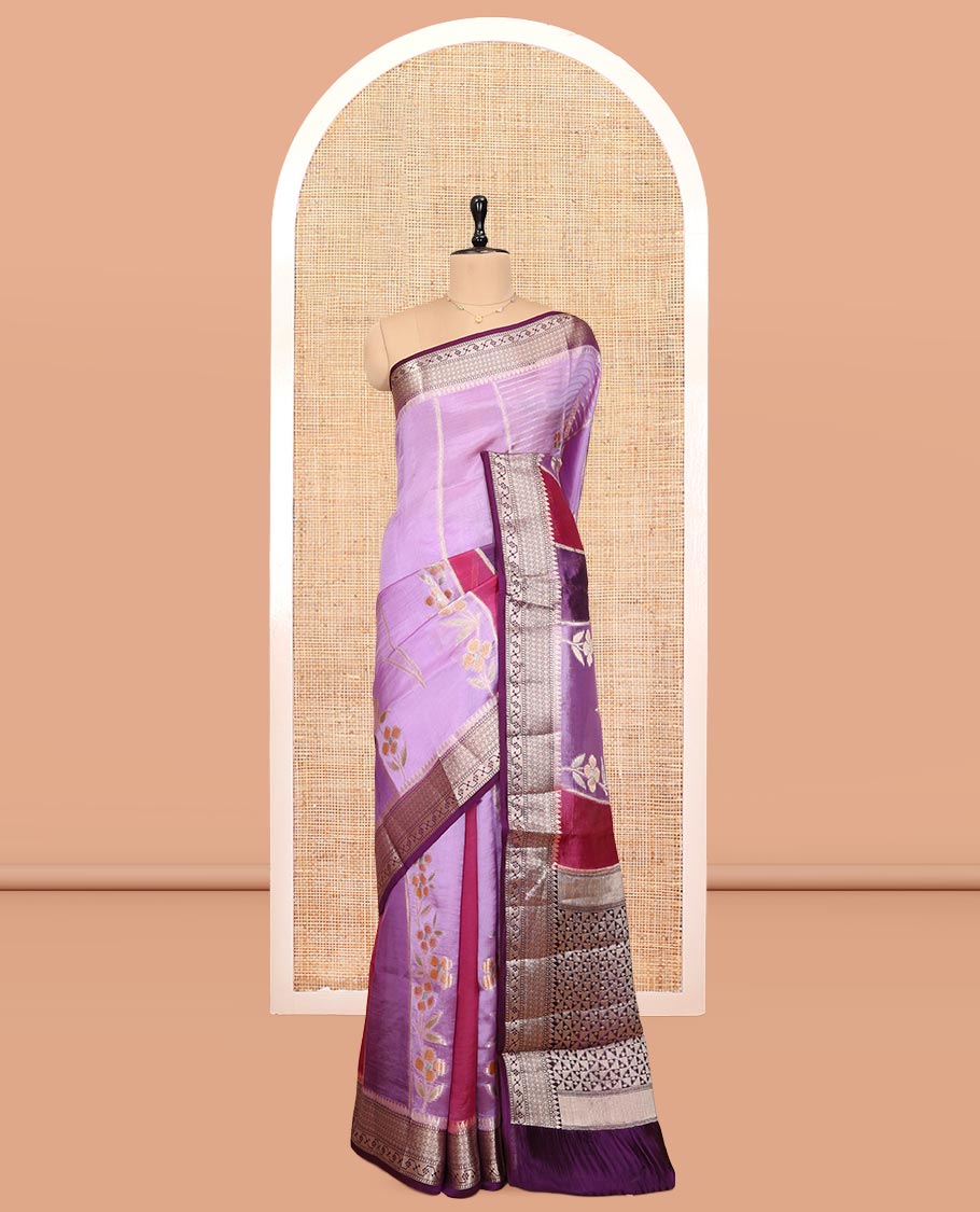 Violet Dupion Silk Saree, Ornamented with Rangkat-Style Floral and Zari Stripes, a Contrast Traditional Zari Border, Geometric Pallu, and a Contrast Blouse