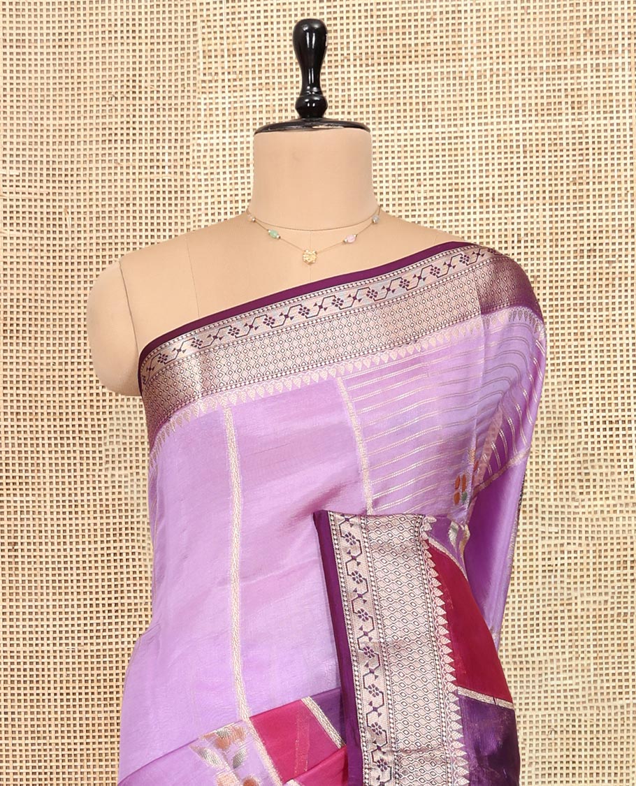 Violet Dupion Silk Saree, Ornamented with Rangkat-Style Floral and Zari Stripes, a Contrast Traditional Zari Border, Geometric Pallu, and a Contrast Blouse