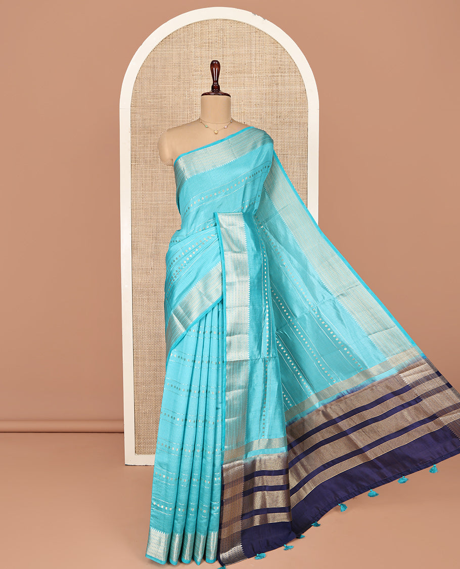 Blue Semi-Banaras Dupion Saree, Finely Crafted with Buttas and Stripes, Traditional Border, Complemented by Contrast Zari Striped Pallu, and a Contrast Blouse