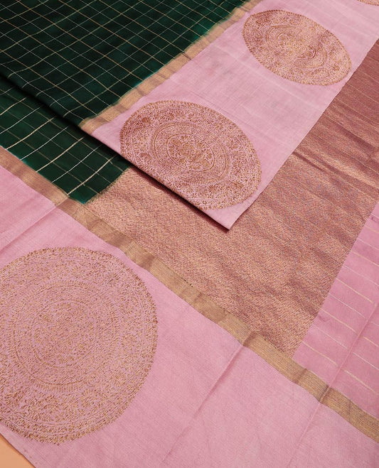 Green Raw Mango Silk Saree Decked Up with Checks, Features a Contrast Chakram Motifs Border, a Zari-Elevated Pallu, and Paired with a Contrast Blouse