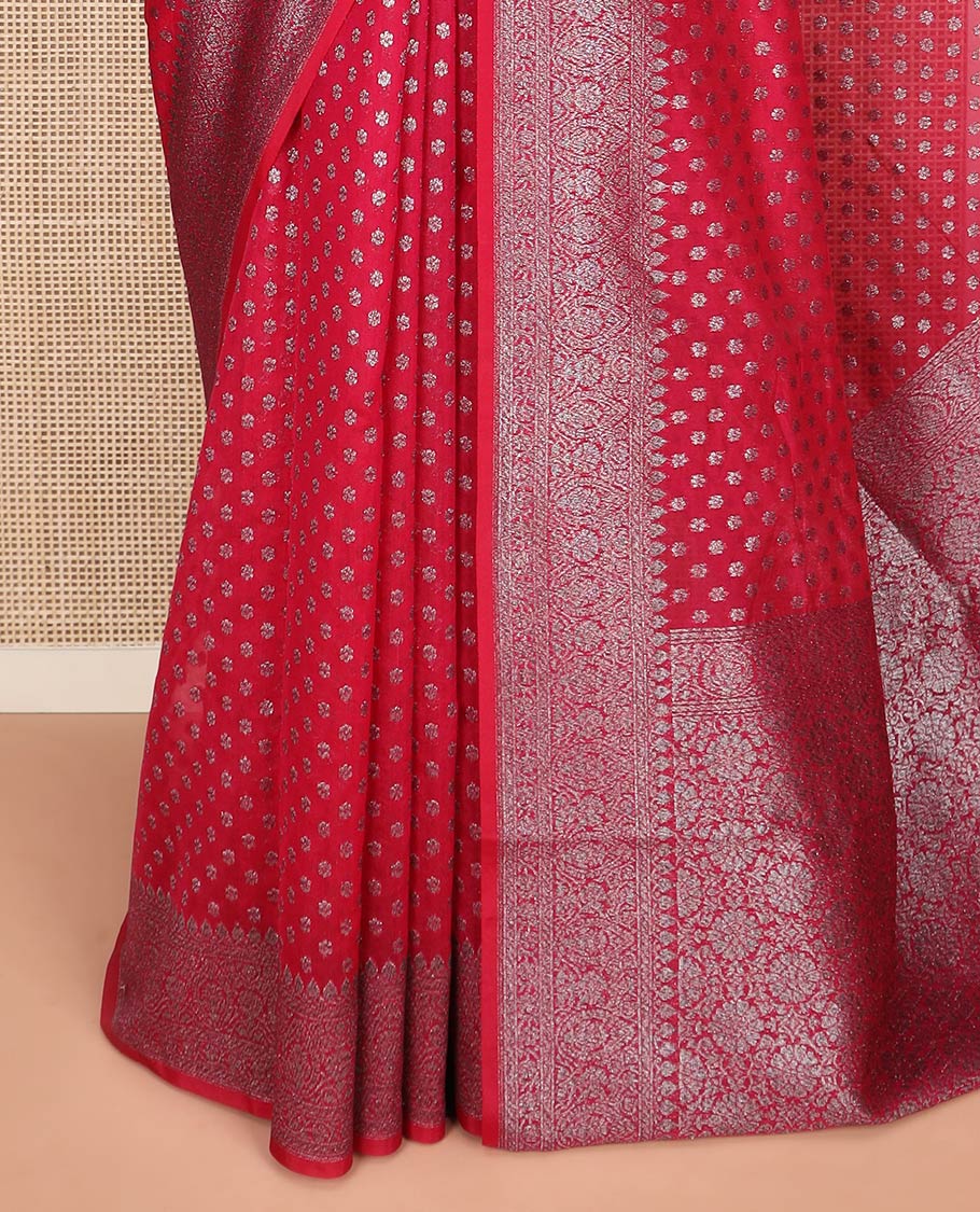 Red Fancy Georgette Saree Mesmerized with Zari Buttas, Highlighted by a Traditional Zari Design Border, Grandly Woven Pallu Featuring Floral Zari Designs, and Paired with a Matching Blouse