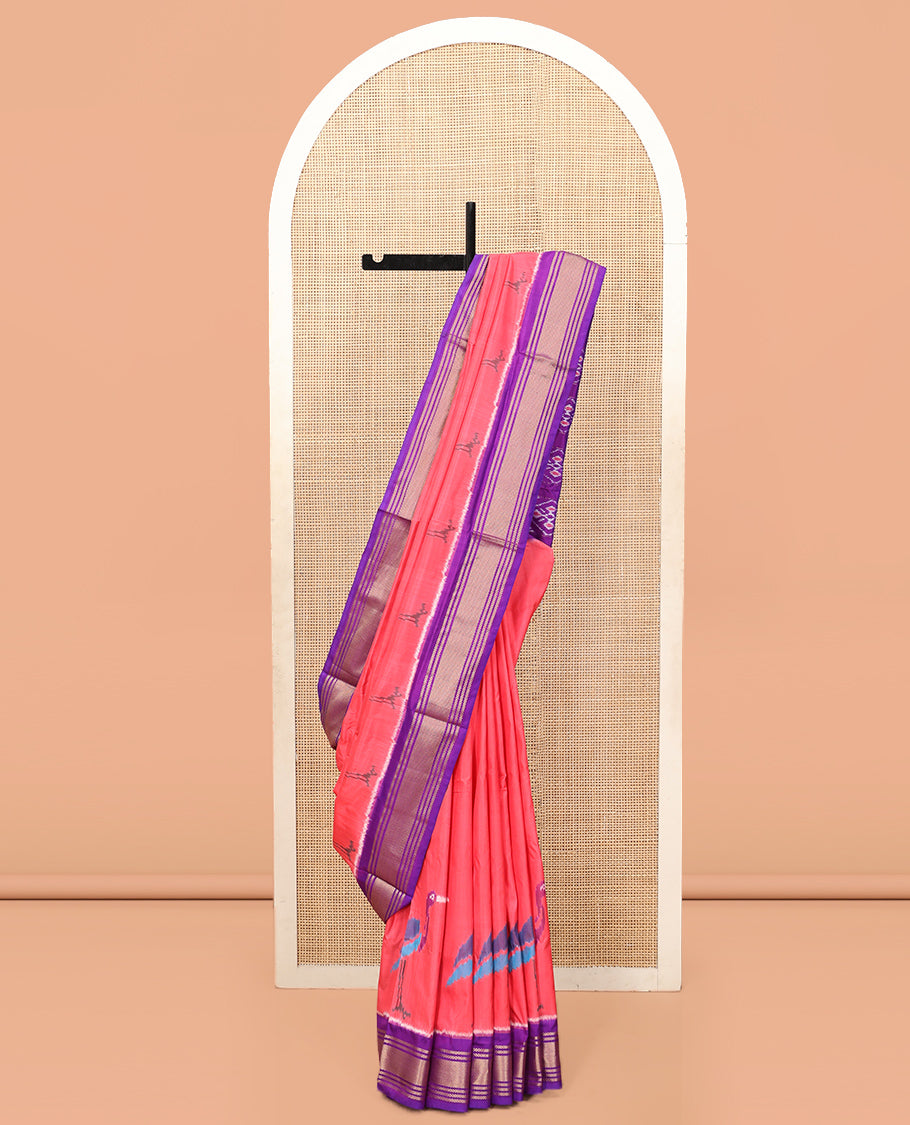 Pink Pochampally Ikat Saree, Crafted with Cranes Motifs, Contrast Traditional Zari Border, Jaal Pallu, and a Contrast Blouse