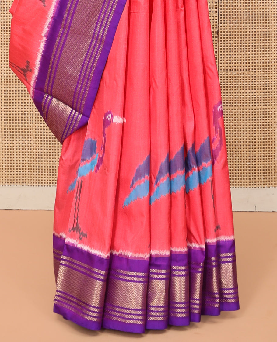 Pink Pochampally Ikat Saree, Crafted with Cranes Motifs, Contrast Traditional Zari Border, Jaal Pallu, and a Contrast Blouse