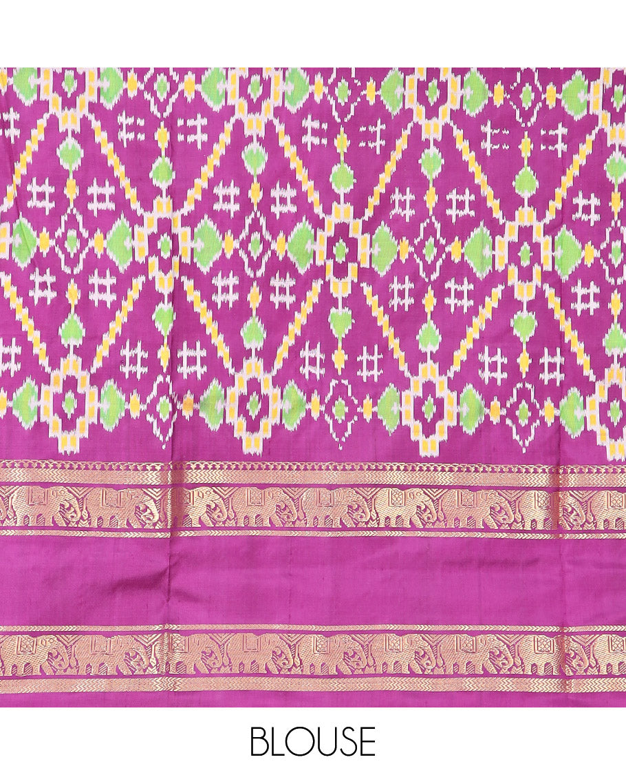 Candy Pink Ikkat Silk Saree Adorned with Ogee Patterns, Complemented by a Contrasting Elephant Zari Border, a Hazily Woven Pallu of Intricate Patterns, and a Contrasting Blouse