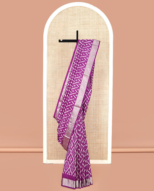 Purple Pochampally Ikat Silk Saree, Accentuated with Ikat Geometric Designs on Its Body, Highlighted by a Zari Chevron Border, Pallu of Ogee Pattern in Ikkat Weave, and Paired with a Matching Blouse