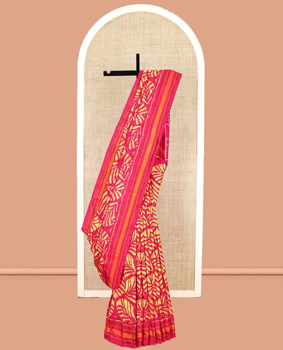 Red Pochampally Ikat Silk Saree, Adorned with Ikat Leaf Design, a Contrast Border, Ikat-Style Woven Pallu, and Matching Blouse