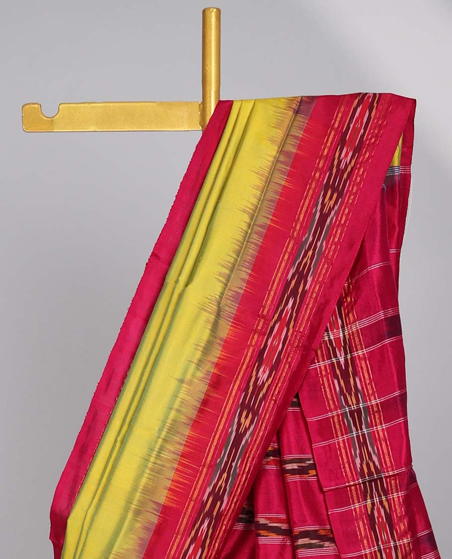 Green ikkat silk saree with contrast striped border & striped design pallu
