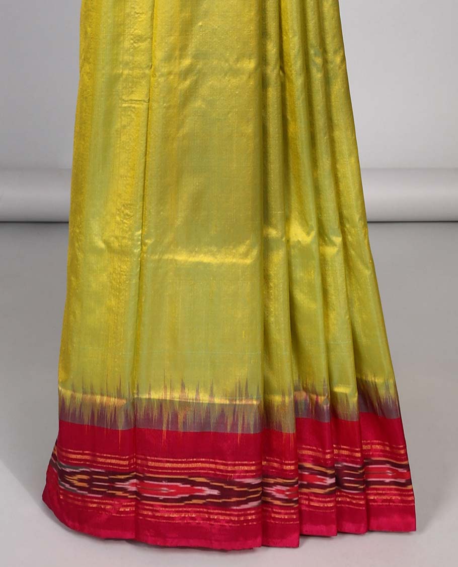 Green ikkat silk saree with contrast striped border & striped design pallu