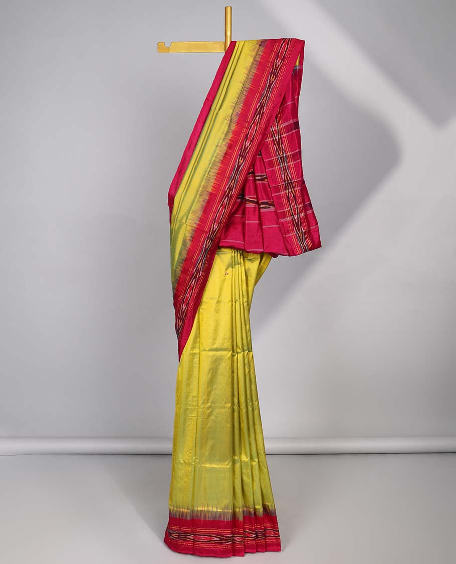 Green ikkat silk saree with contrast striped border & striped design pallu